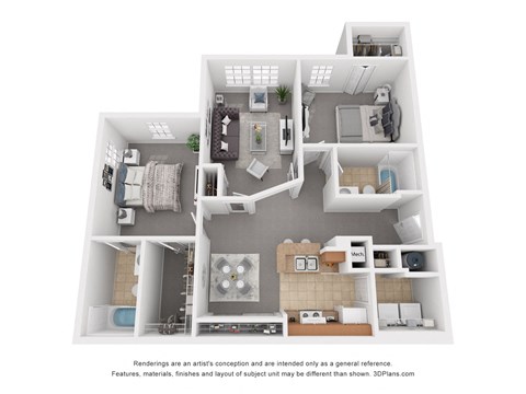a stylized floor plan of a 1 bedroom floor plan